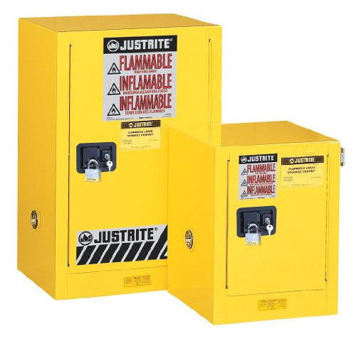 Justrite 12 Gallon Self Close Countertop Flammable Storage Cabinet, 18 Gauge Steel, 1 Shelf, 1 Door Fire Cabinet, 35" x 23" x 18", Made in The USA, Red, 891221