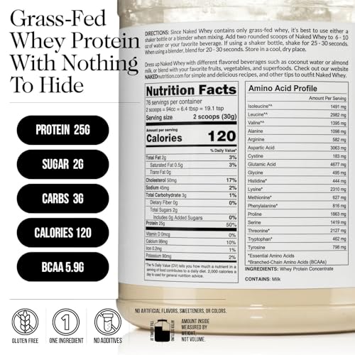 Image of NAKED Whey 5LB 100% Grass Fed Unflavored Whey Protein Powder - Only 1 Ingredient, NSF Certified, Undenatured, Gluten Free, Soy Free, Promote Muscle Growth and Recovery - 76 Servings (Pack of 2)