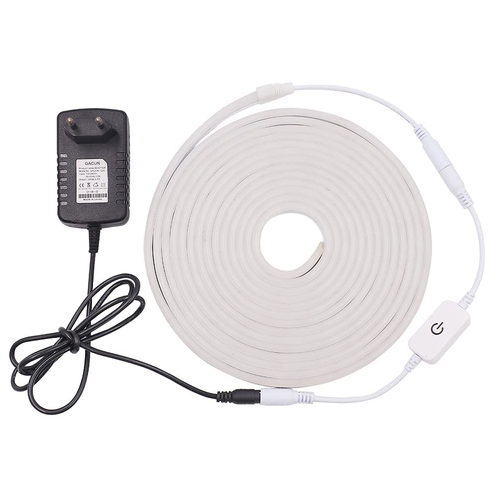 XUNATA Striscia LED al Neon Dimmerabile con Interruttore Dimmer Tattile, Nastro Leggero a Corda Flessibile DC 12V, Fai da te Home Art Decor Luce Pubblicitaria Commerciale (Bianca, 5m)