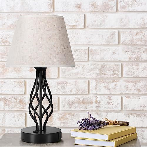 smusei Modern Table Lamps Set of 2 with Dual USB Charging Ports & AC Outlet Farmhouse Classic Nightstand Lamp with Linen Fabric Shade and Metal Base Small Desk Lamp for Bedroom Living Room Office