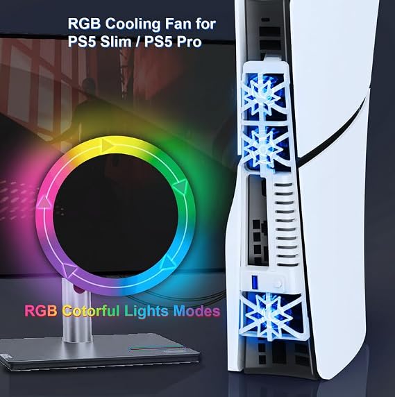 PS5 Slim/PS5 Cooling Fan, Playstation 5, Multi-functional Cooling Fan, 3 Speed Adjustment, LED Light, USB 3.0 Port, Storage Function, External Cooling Fan, Easy to Install, Rapid Cooling, Heat Dissipation, Heat Protection, Low Noise, Compatible with Both Disc and Digital Versions, Black