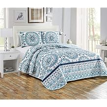 Home Collection 3pc King/Cal King Quilted Bedspread Set Floral Bedding Turquoise Navy Blue White Sage Green