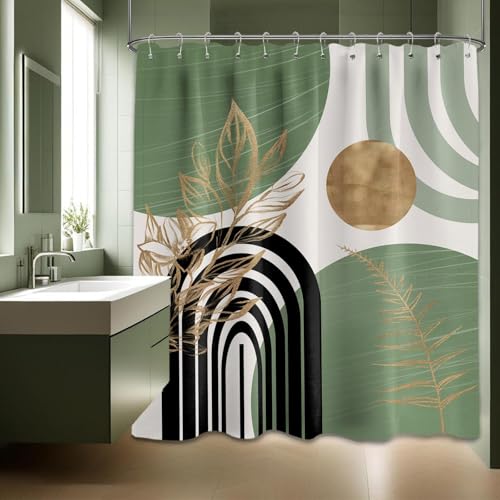 QGHOT Sage Green Shower Curtain Boho Mid Century White and