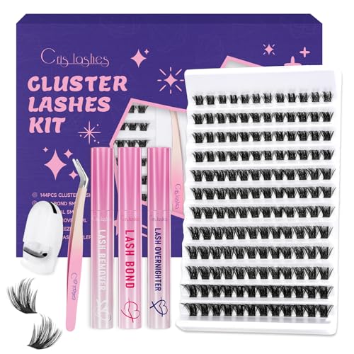 Crislashes Wimpern-Extensions-Set 144pcs Wimpern Clusters Mix10-18mm D Curl Wimpern Einzeln, Wimpern-Set Wimpern Extensions Fluffy mit Wimpernkleber Wimpernentferner Pinzette (6pcs Kit)