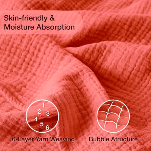 Image of 100% Cotton Muslin Blanket for Adults, 6-Layer, King, 108 x 90, Coral