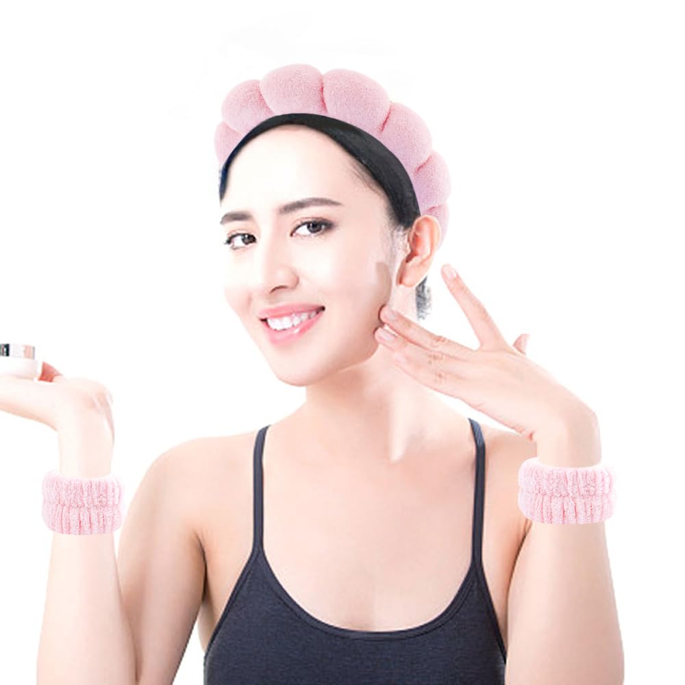 SPA Headbands for Washing Face Makeup Headbands with Bow Hair Band Women Facial Head Band Wrist Towel Wraps For Shower Face Mask Pink White, 6 Pack - Image 4