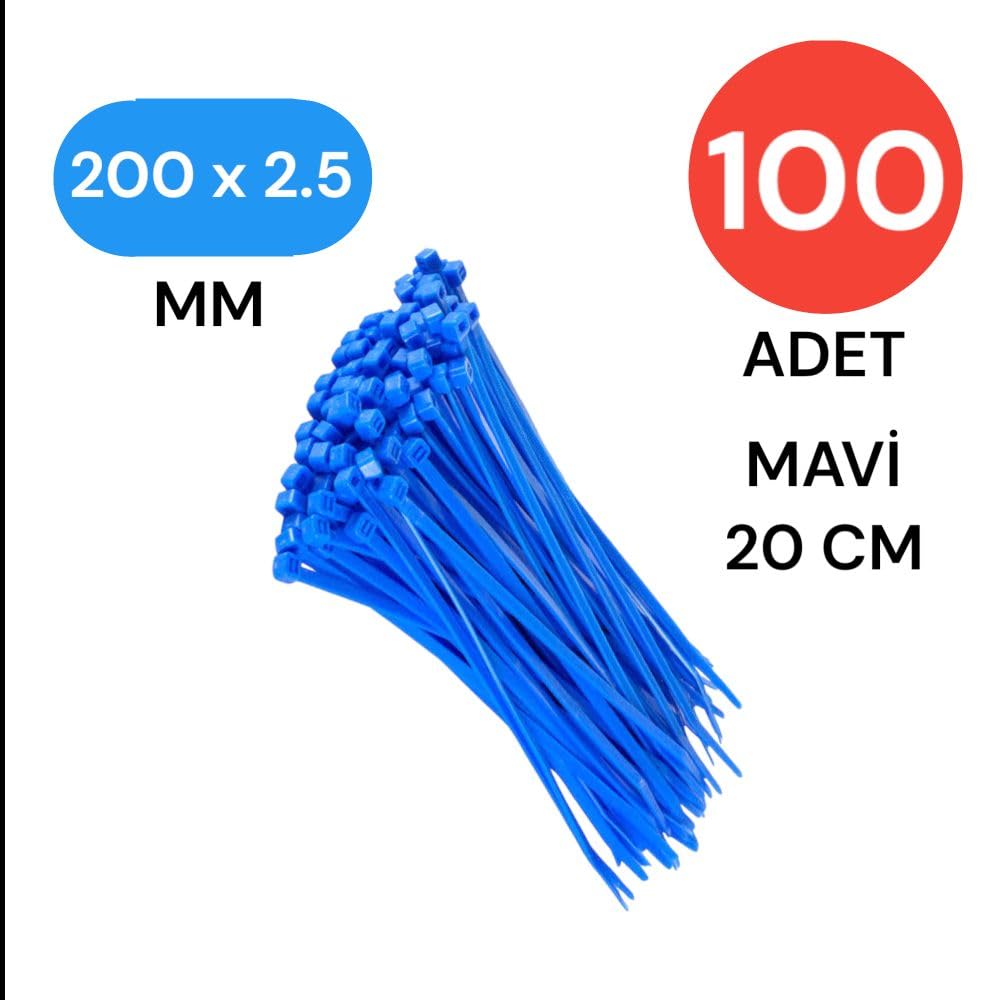 Tek-İş Mavi Plastik Kablo Bağı | 200mm x 2.5mm | 100 Adet | Cırt Kelepçe Seti | Kablo ve Tel Düzenleme Çözümü