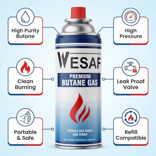 Image of Wesaf Butane Gas 225g (Pack of 4) | Camping Gas Cylinder | Portable High-Pressure Butane Can Liquefied Gas Canister Ideal for Refilling Lighters, Small Stoves, Flame Torches and Welding Equipment