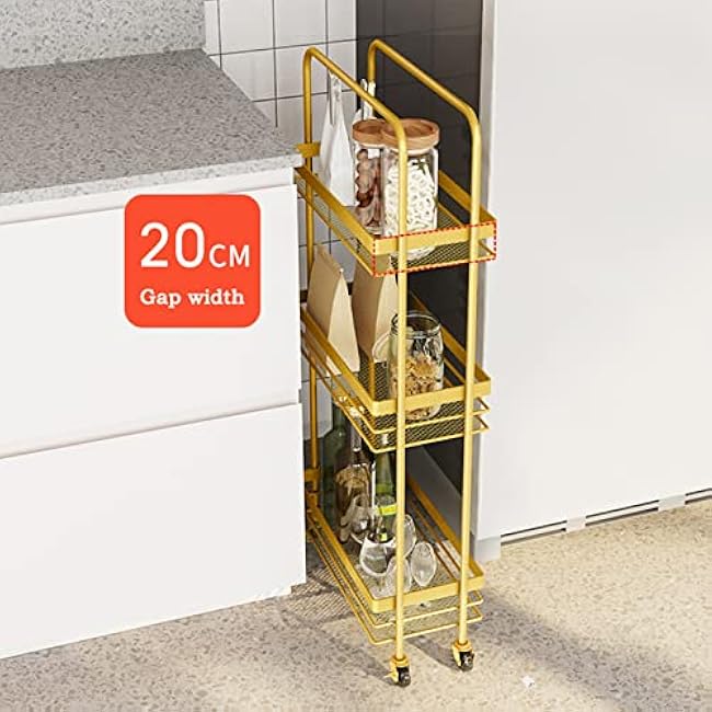 Kitchen Storage Trolleys Kitchen Metal Refrigerator Slot Rack Narrow Floor-to-Ceiling Storage Removable Trolley Gap Ultra-Thin Narrow Slot Rack Serving Trolleys, Black-One Size-02Nupddz