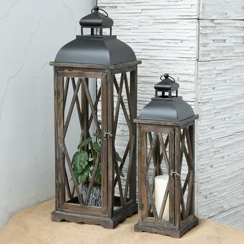 Farmhouse Wooden Lantern Set, 2-Piece Rustic Candle Lanterns, Vintage Large