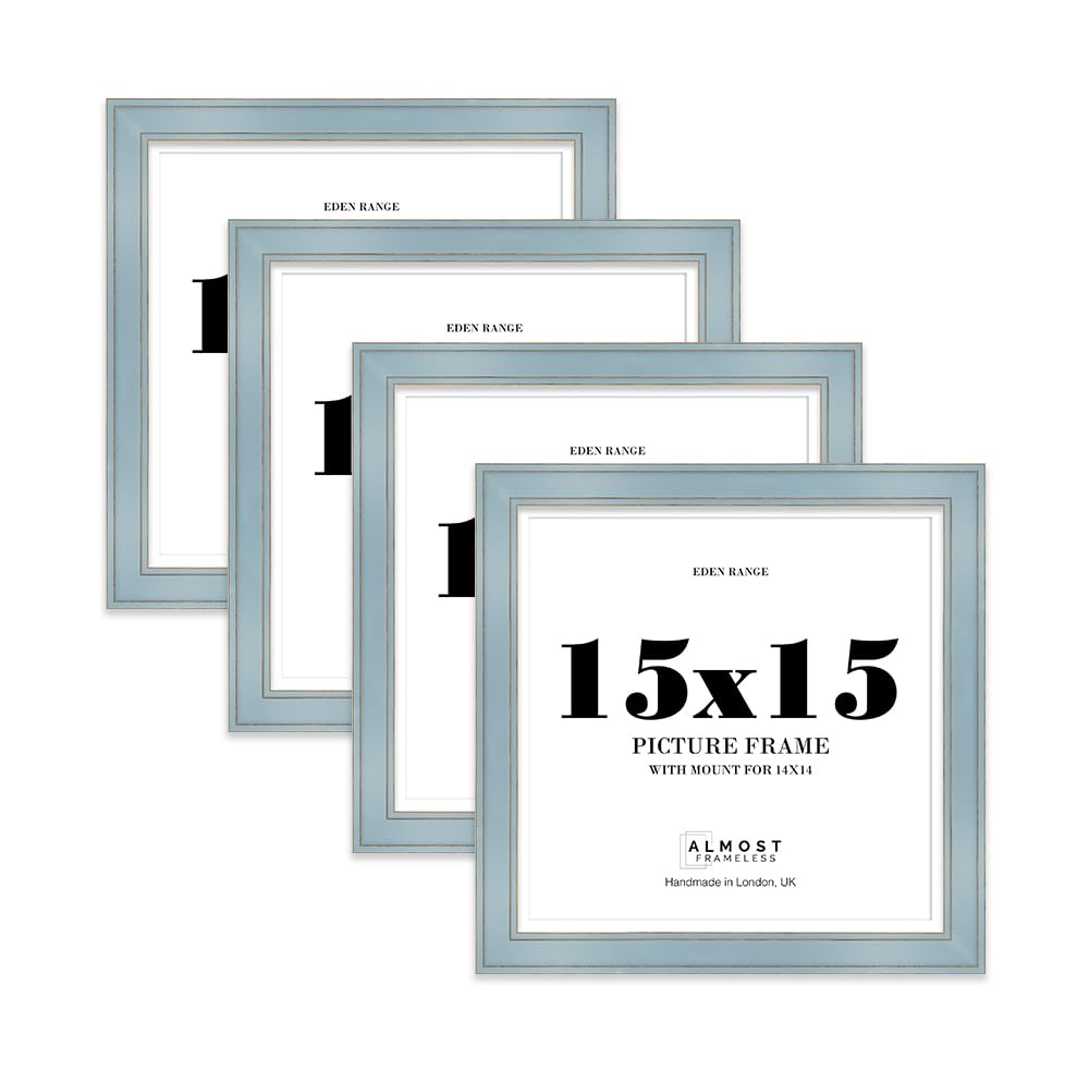 15x15" Cornflower Blue Square Picture Frame with 14x14" Mount - Shabby Chic Photo Frame with Distressed Finish, Gold Trim, Wall Hooks, 37mm Edge - 4 Pack