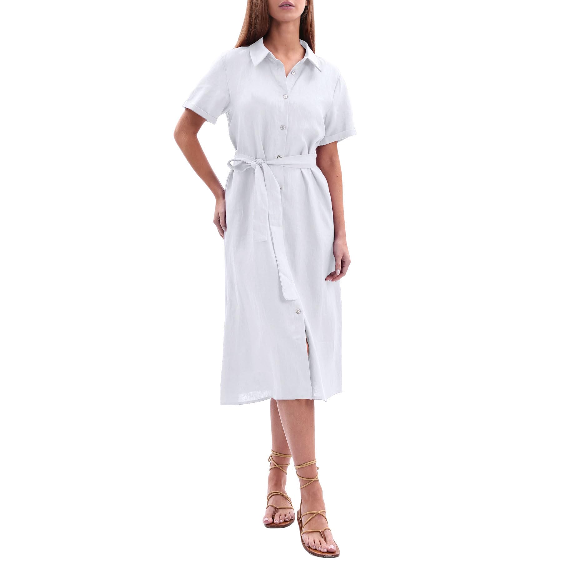 Amazhiyu Robe chemisier en lin pour femme - Robe midi - Robe en lin - Robe d'été - Longueur genou - Élégante avec poches et ceinture