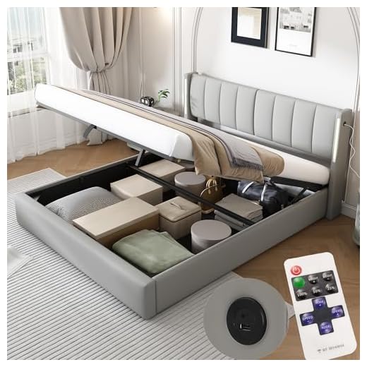 Zepneiy Lit 140 x 190 avec Sommier LED et USB, Lit Coffre 140x190 avec Rangement et Tete de Lit Réglable, Lit Double avec à Lattes Lit 2 Personnes, Lit Rembourré Cadre de Lit 140 x 190(sans Matelas)