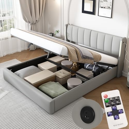 Zepneiy Lit 140 x 190 avec Sommier LED et USB, Lit Coffre 140x190 avec Rangement et Tete de Lit Réglable, Lit Double avec à Lattes Lit 2 Personnes, Lit...