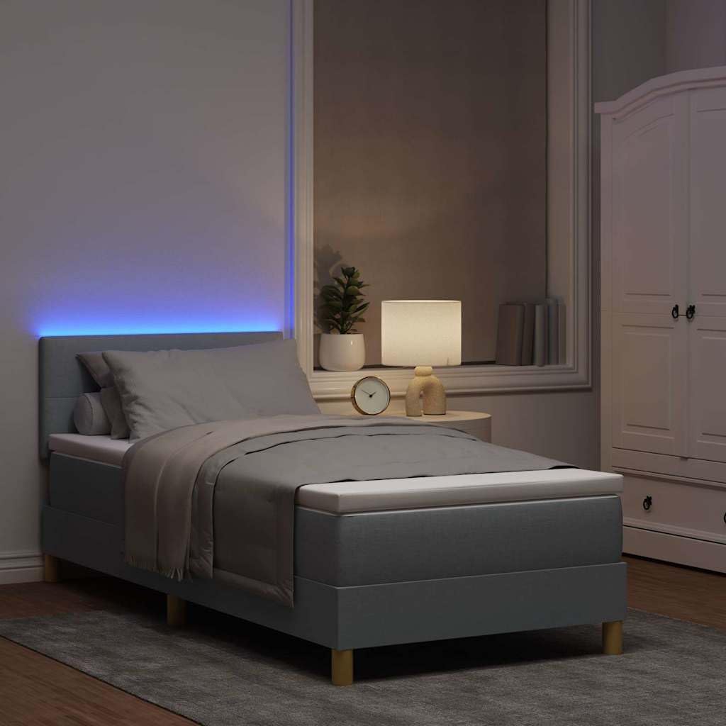 Cama con somier LED gris claro con cabecero y tiras LED RGB de 90 x 190 cm, tela, estructura de cama estable con cabecero ajustable, incluye colchón y cubrecolchón para dormitorio y