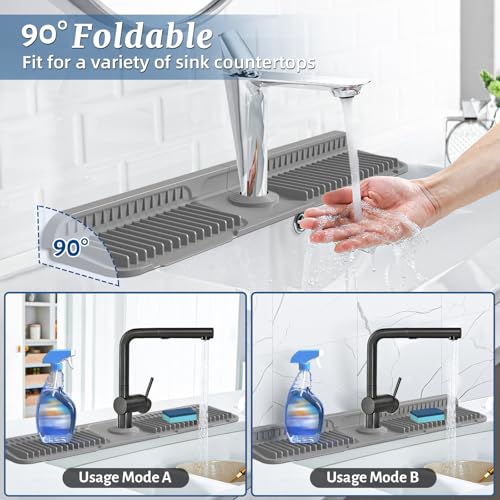 Image of PoYang 24 inch Faucet Mat for Kitchen Sink Splash Guard, 7 Slope Silicone Sink Water Splash Guard for Kitchen Sink Area with Snap Button, Longer Sink Protectors for kitchen Sink Sponge Holder, Grey