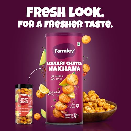 Image of Farmley Roasted and Flavoured Makhana | Achaari Chatka Makhana | Namkeen Snacks & Puffed Snacks | Healthy Snack | Cholesterol & Gluten Free | Rich In Protein & Fiber | Roasted in Olive Oil - 77g Jar
