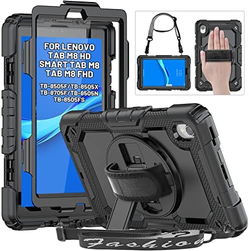 Case for with Lenovo Tab M8 (HD/FHD 2019 8.0 inch TB-8505F TB-8505X TB-8505FS TB-8705F TB-8705N,HXCASEAC Shockproof Case with Screen Protector/Shoulder Strap/Rotating Hand Strap/Stand, Black