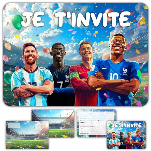 Glowiibo Fun4kid 12 x Cartes Invitation Anniversaire Football avec Enveloppes Assorties - Idéal Enfant Garçon Ado - Cartons Préremplis en Français pour...