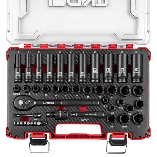 Image of LLNDEI 45PCS 3 /8 Inch Drive Impact Socket Set (Metric&Sae) with Transparent Case and EVA Foam Insert, Cr-V Material, for Automotive Engine and Daily Home Repair