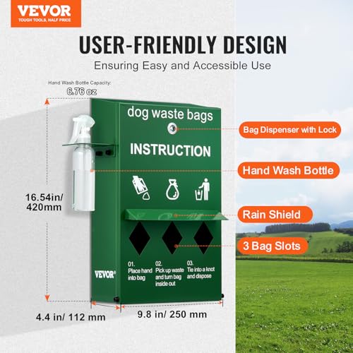 Image of VEVOR Dog Poop Bag Dispenser with Hand Wash Bottle, Lockable Outdoor Dog Waste Bag Holder with 600 Waste Bags, Stake, Pole, Fence & Wall Mounted Dog Poop Bag Storage, Pet Waste Station for Porch, Lawn