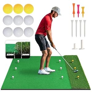 Dual-Turf Golf Hitting Mat, 5×4 ft 50mm & 22mm Thickened Artificial Turf Golf Mats for Outdoor Indoor Swing Practice Training 9-Tee Hole, Includes 9 Balls, 7 Plastic Tee 2 Rubber Tee