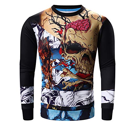 Renjianfeng T Shirt à Manches Longues Pour Hommes Zombie Head 3d Stereo Imprimer Pull à Col Roulé Mode Casual Respirant Tendance Halloween Party