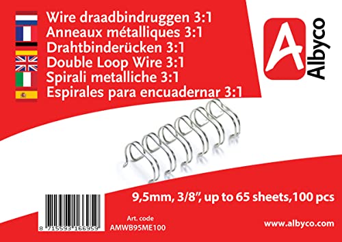 Albyco - Drahtbinderucken, Wire-O Drahtbinderkämme - 9,5 mm - Buchringe, Spiralbinder, Papier Binder, Wirebind, Binderucken draht- 3/8 Zoll - bis zu 65 Blatt - 100 Stück - Silber/Metall