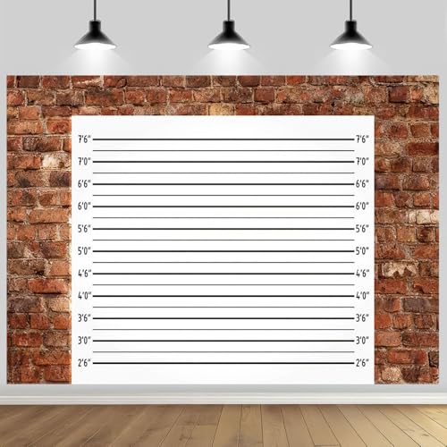 Funny Police Lineup Mugshot Photo Backdrop Red Brick Wall Height Chart Photography Background Detective Party Banner Crime Scene Setting Themed Event Decoration Polyester 7x5ft