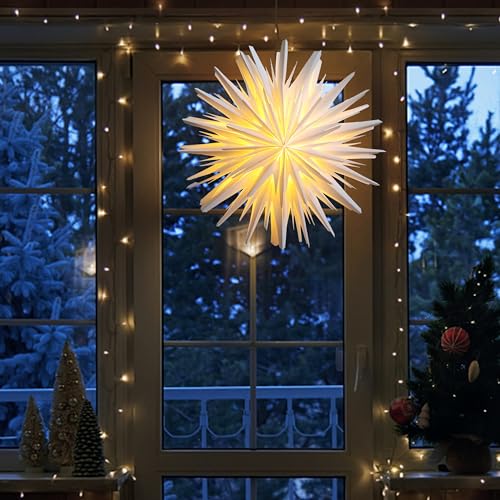Image of 3D LED Star Paper Lantern - Christmas Decorations Indoor, Twinkle Fairy Lights Window Decor, Holiday Party Hanging Lighted Stars Ornaments, 23.5 inch O White