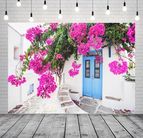 Loccor 7x5ft Fabric Greece Santorini Street Backdrop Traditional White Greek House with Blooming Flowers Background for Santorini Wedding Birthday Party Decorations Photo Studio Props