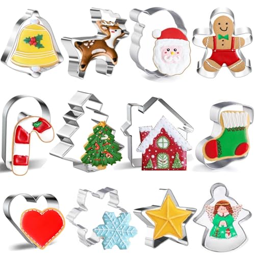 FINEVERNEK 12 Pièces Emporte-Pièces Patisserie Noël, Emporte-Pièces Biscuit Motif Père Noël/Arbre de Noël, Moule à Biscuits en Acier Inoxydable pour Décoration de Gâteau Fondant Cookie