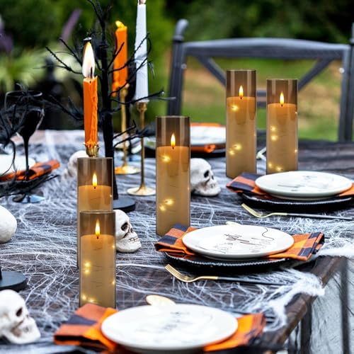 Image of 24 Pack Flameless Candles with Embedded Star String Fairy Lights, Battery Operated Candles, LED Candle, Fake Candles with Remote Control and Timer, Grey,(D2.2 x H 5 inch 6 inch 7 inch)