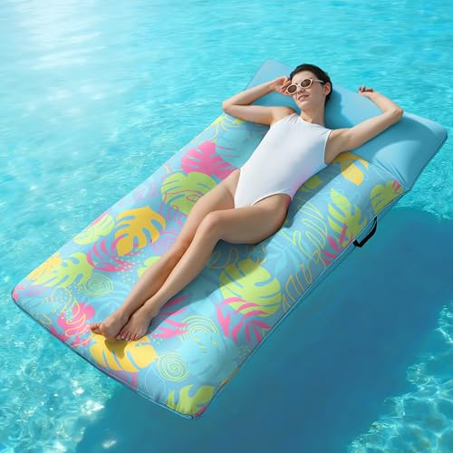 SLOOSH Inflatable Pool Floats Raft - XL Fabric Covered Pool Mat Lounger Floaties for Adults, Ultra Comfort Inflatable Water Float with Headrest for Beach Lake Swimming Pool 68'X34' (Light Blue)
