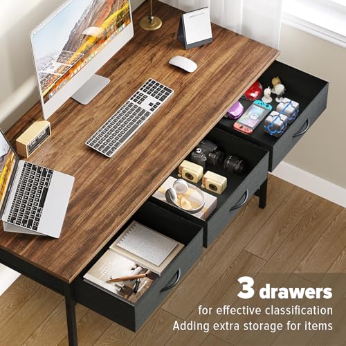 Image of WOHOMO Computer Desk with 3 Drawers, 47.2 Inch Small Vanity Desk with Storage, Home Office Bedroom Desk for Small Spaces, Modern Work Writing Study Gaming Tables, Rustic Brown