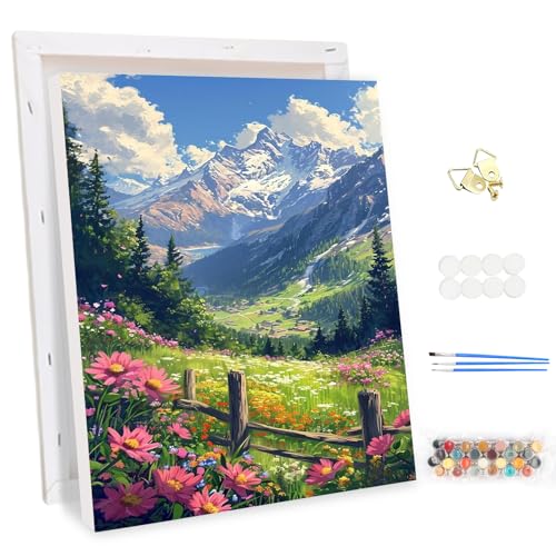 MEIYUDA Pintar por Numeros Adultos con Marco Valle de las Flores, Cuadros por Numeros Pigmento Acrílico, DIY Pintura por Numeros Kit Manualidades, Decoración para el Hogar Regalo de pared 30x40cm ✅