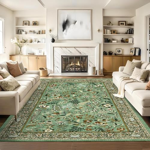 GarveeHome Botanical Area Rugs 10x13 Living Room Rug Extra Large Washable Rugs for Bedroom Soft Low Pile Farmhouse Floor Decor Non-Slip Stain Resistant Vintage Carpet for Dining Room Office, Green