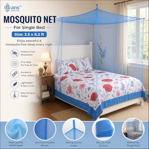 Image of ANS HDPE Mosquito Net for Single Bed | 3.5 x 6.5 Ft | Durable Breathable Mesh with Strong Border | Hanging Type Mosquito Protection Net | Lightweight & Foldable | Blue