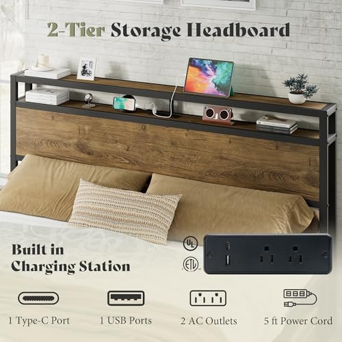 Image of AMERLIFE King Size Bed Frame with Storage Headboard & Charging Station, Industrial Metal Platform Bed with Large Under-Bed Storage, Heavy Duty Slats, No Box Spring Needed, Rustic Brown