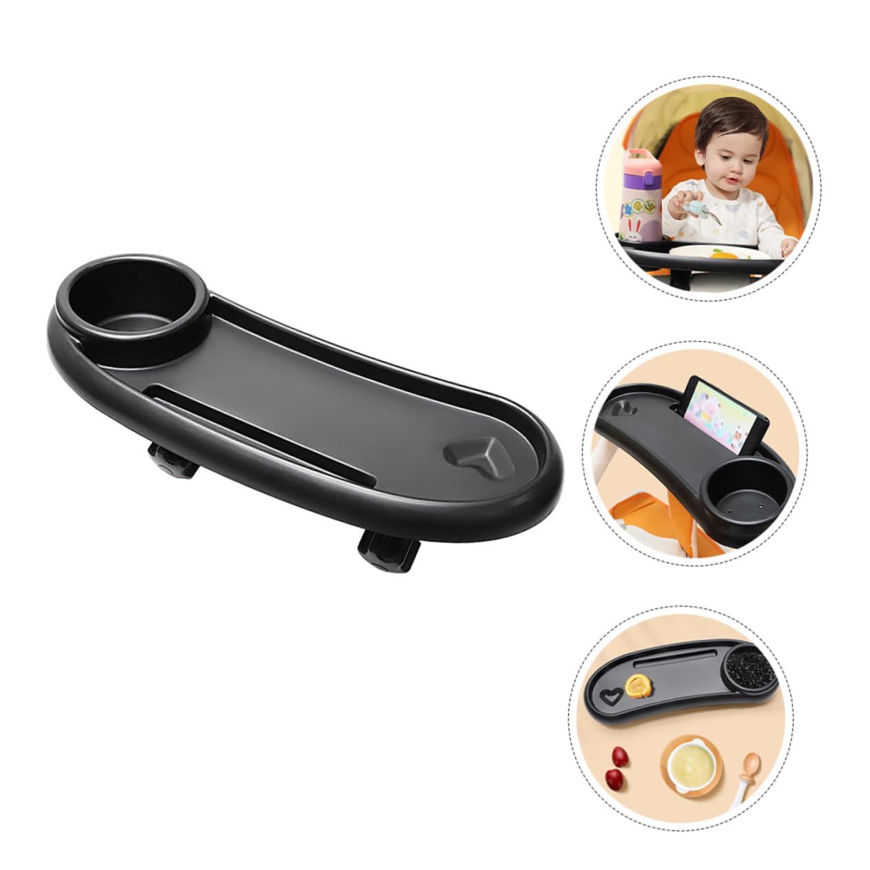 Plateau de Poussette avec Porte-gobelet, en Plastique Noir pour Bébé | Installation Simple et Stable, Facile à Nettoyer, Accessoire pour Poussette et Charriot Bébé