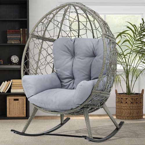 DWVO Wicker Rocking Egg Chair, Oversized Indoor Outdoor Rattan Rocking Chair, Indoor Outdoor Lounger for Patio, Backyard, Living Room, Light Gray