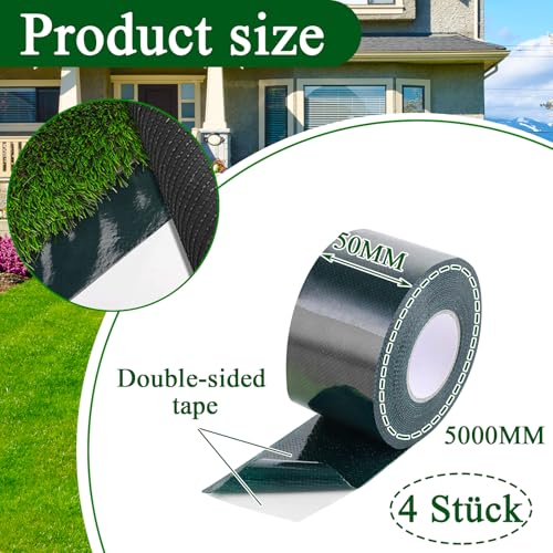 DAJAVE 4Stk Kunstrasen Klebeband, Starkes Doppelseitig Kunstrasenband 50mm x 5m, Kunstrasenband Künstliches Grasband für Verbindung, Befestigung, grüner Rasenteppich, Verbindung von Kunstrasen-Teppich