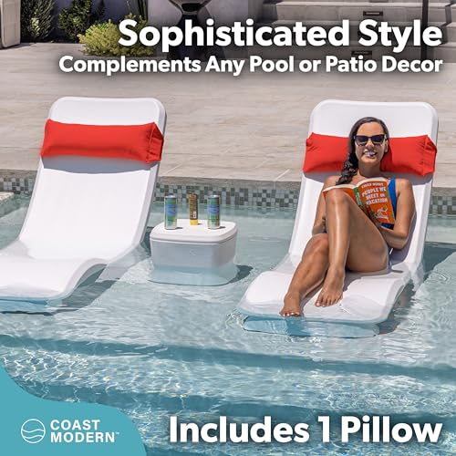 Image of Coast Modern Red Outdoor Lounge Chair Pillow with Strap - Waterproof Headrest Pillow for Pool Lounger & Patio Chaise Cushion