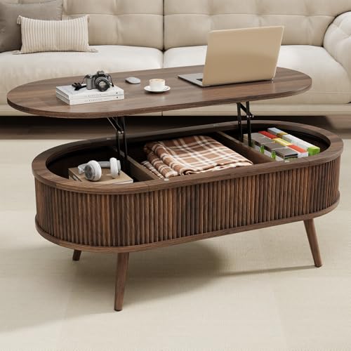 Oval Coffee Table with Storage, Fluted Modern Coffee Table with Lift Top, Small Coffee Tables with Storage, Mid Century Center Table for Living Room Home Office, 39.4', Walnut