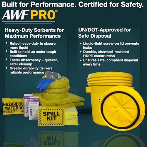 Image of AWF PRO 20 Gallon Battery Acid Spill Kit, 59 Pieces | Includes DOT Approved 20 Gallon Drum, Sorbent Socks, Pads, & Pillows, & Accessories