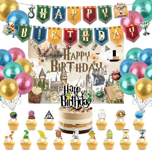 39PCS Magical Birthday Party Decorations Magic Party Supplies Wiz-ad Balloons Backdrop Happy Birthday Banner Cake Topper Cake Decorations Ribbon for Kids Boys Girls
