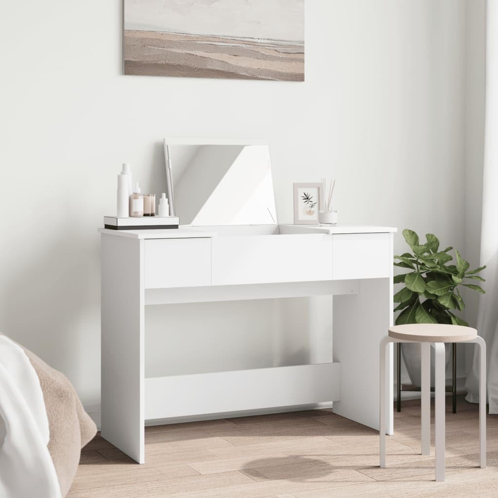 Tocador con espejo blanco de madera, cristal, 100 x 45 x 76 cm, espacio de maquillaje con cajón, espacio de almacenamiento para dormitorio, baño, niña, habitación juvenil