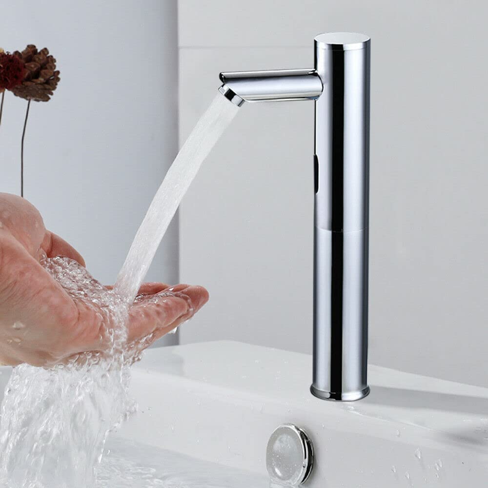 20cm Infrarot Sensor Wasserhahn Bad Chrom Automatik Waschtischarmatur Sensible Smart Touch Control Bad Kaltwasser Waschtischarmaturen Geeignet für Bad, WC, Küche