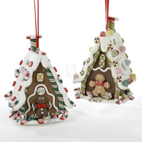 4.5" CLAYDOUGH 3-D GINGERBREAD HOUSE HANGING ORNAMENT SET OF 2 - Christmas Ornament