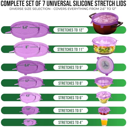 Image of Reusable Silicone Stretch Lids for Food Storage in Fridge - Elastic Heat-Resistant Bowl Covers, Cups, Cans, Jars - Universal Food Grade Lid for Containers - 7 Pack - Purple Stretchy Lid Set